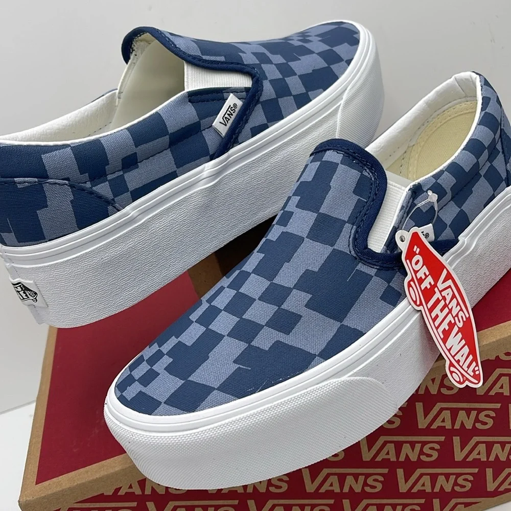 Vans WMNS Blue Checkered Classic Slip-On Sneakers Platforms Multi Check Blue